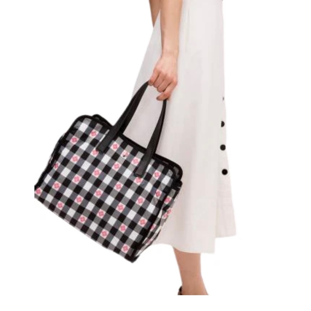 kate spade Black and White Gingham Tote with Pink Floral Accents